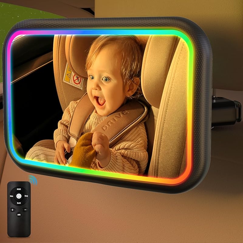Baby Car Mirror with 7 RGB Lights, Remote Control, Rechargeable, 360° 