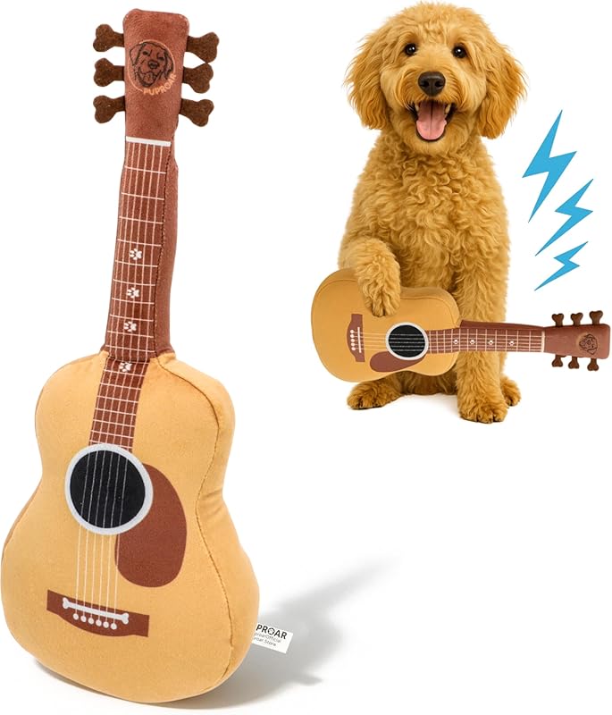 Acoustic Guitar Plush Dog Toy with Squeaker and Crinkle, Ideal Birthda