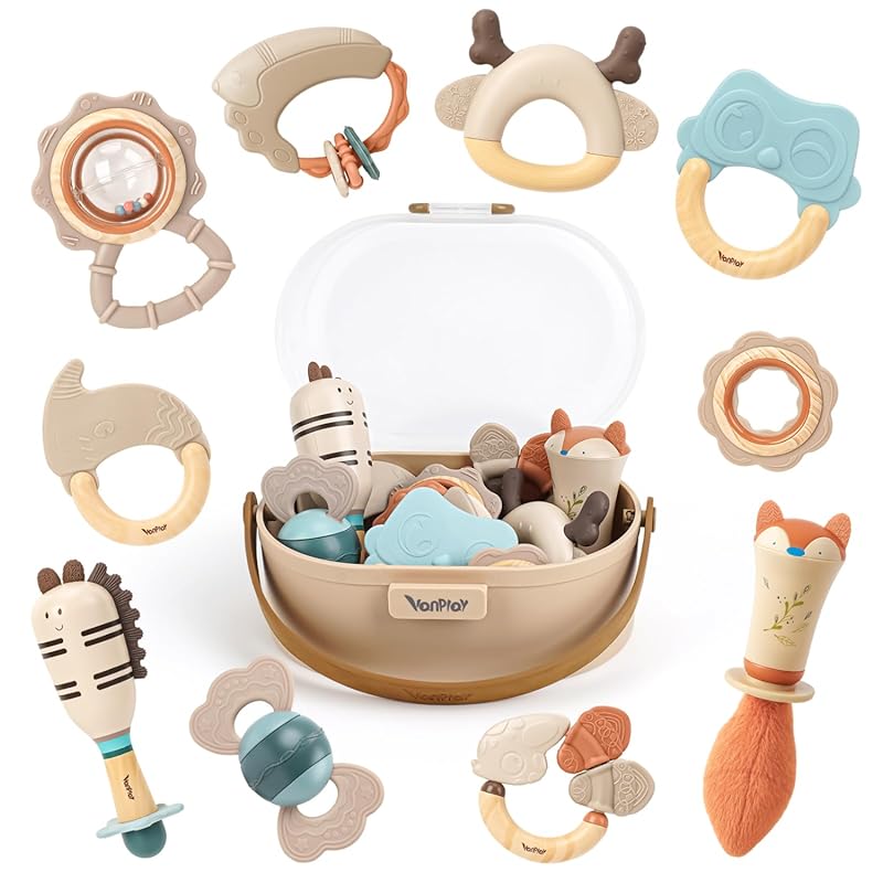 Baby Rattles and Teethers 10-Pack Set with Soft Textures, Gentle Sound