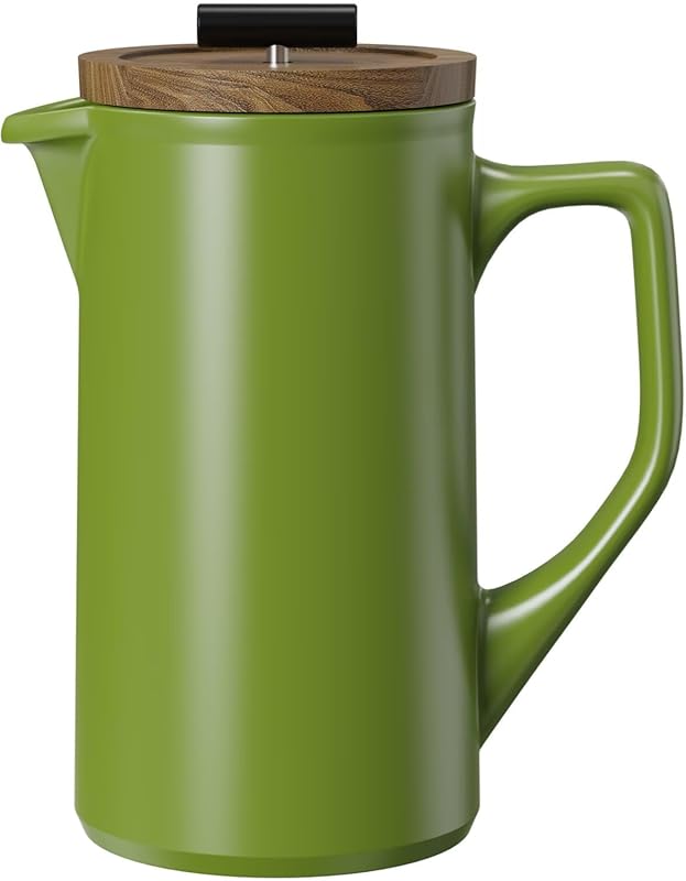 DHPO 22 oz Ceramic Single Serve French Press with Walnut Wood Lid and 