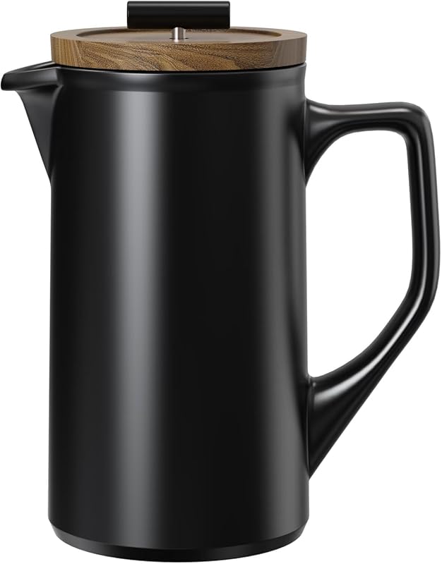 DHPO 22 oz Ceramic Single Serve French Press with Walnut Wood Lid and 