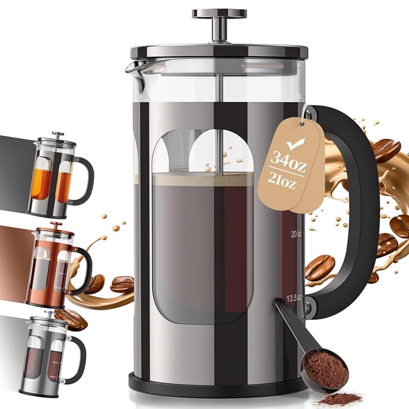 Veken 34 oz French Press Coffee Maker, Thickened Glass and Stainless S