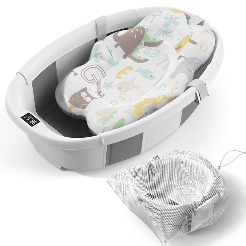Large Collapsible Baby Bathtub with Thermometer and Cushion, Portable