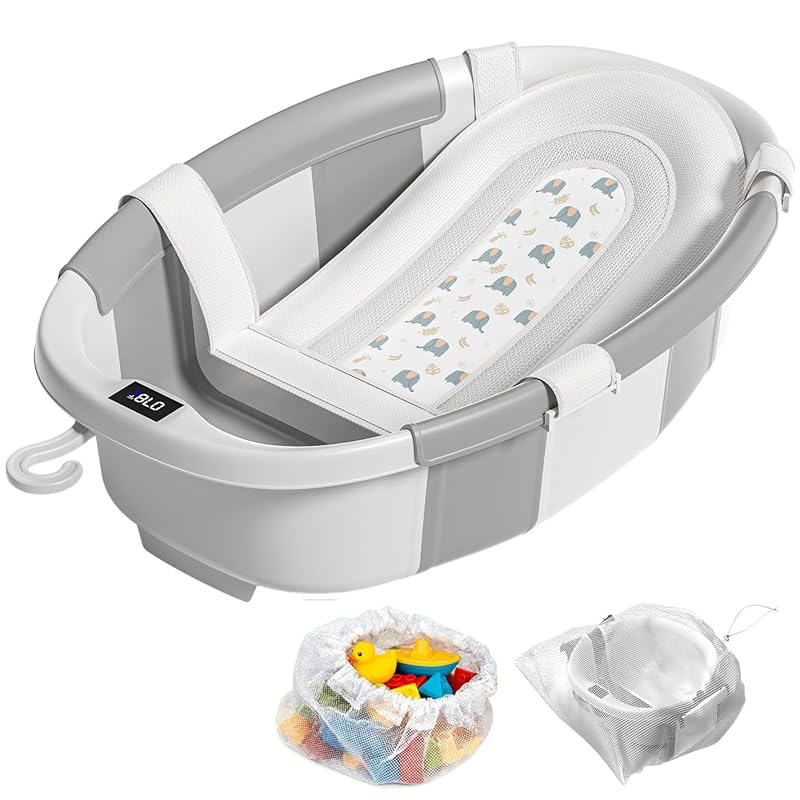 Portable Collapsible Baby Bathtub with Soft Cushion, Thermometer, and