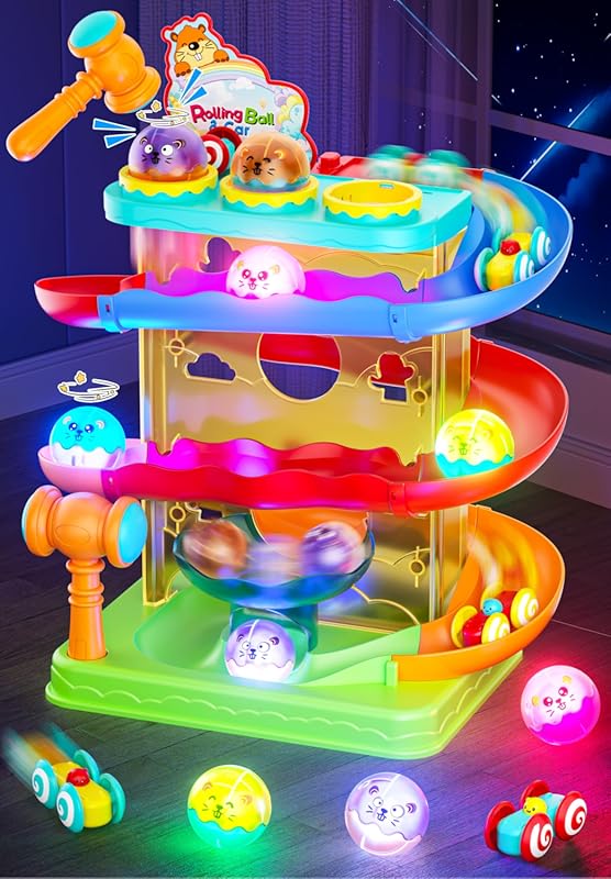 2-in-1 Rolling Ball and Car Ramp Race Track with Sensor Lights, Hammer