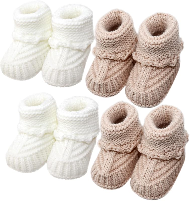 4 Pairs Baby Booties Soft Knit Cotton Sock Shoes, Warm Cozy Newborn Wa
