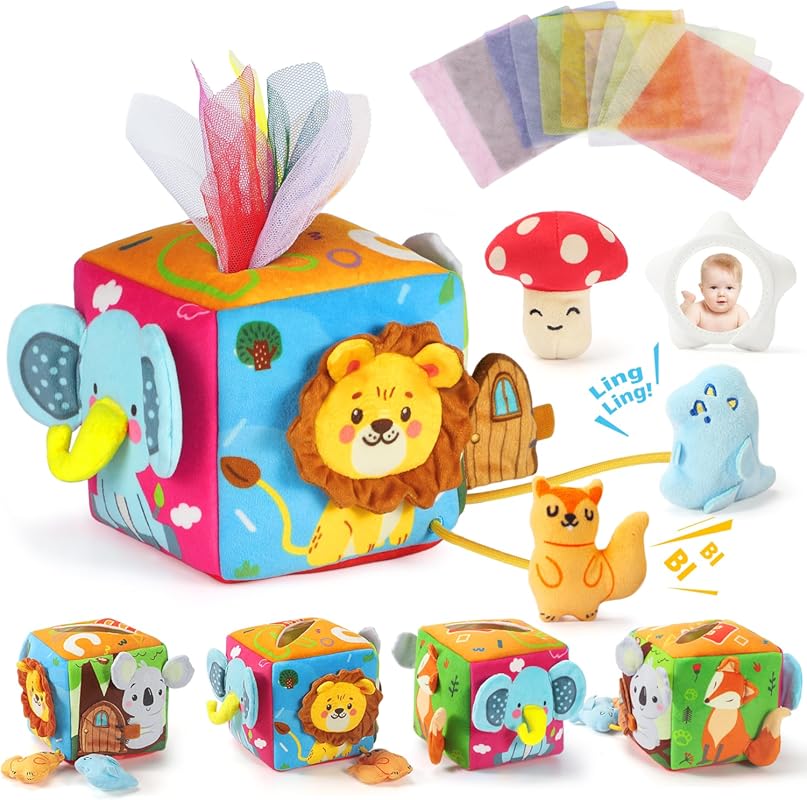 URMYWO Montessori Baby Tissue Box Toy with Crinkle Paper and Scarves f