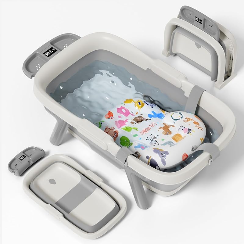 Large Collapsible Infant Bathtub with Thermometer, Soft Cushion, Non-S