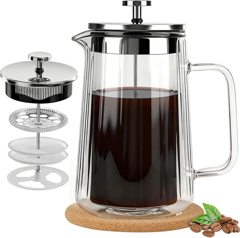 34oz Glass French Press Coffee Maker with Double Wall Borosilicate Gla