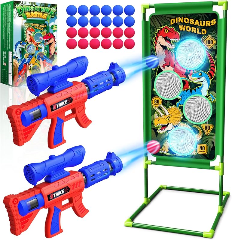 Dinosaur Shooting Game with 2 Air Pump Launchers, 24 Foam Balls, and T