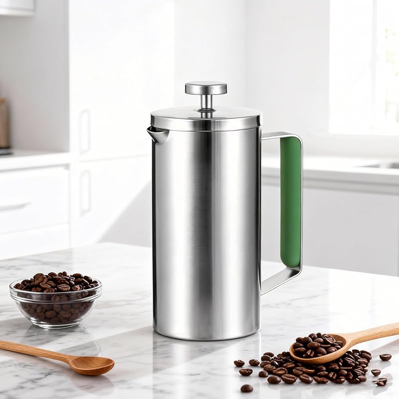 Stainless Steel 21 oz French Press Coffee Maker with Green Handle, Por
