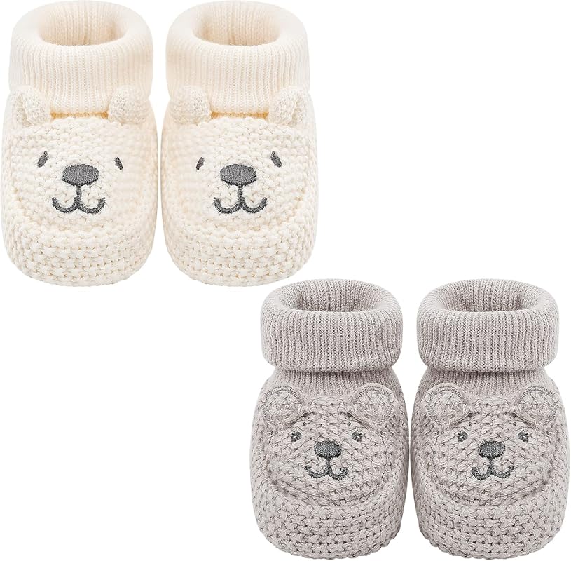 Newborn Knit Soft Baby Sock Booties, 2 Pairs for Infant Boys and Girls