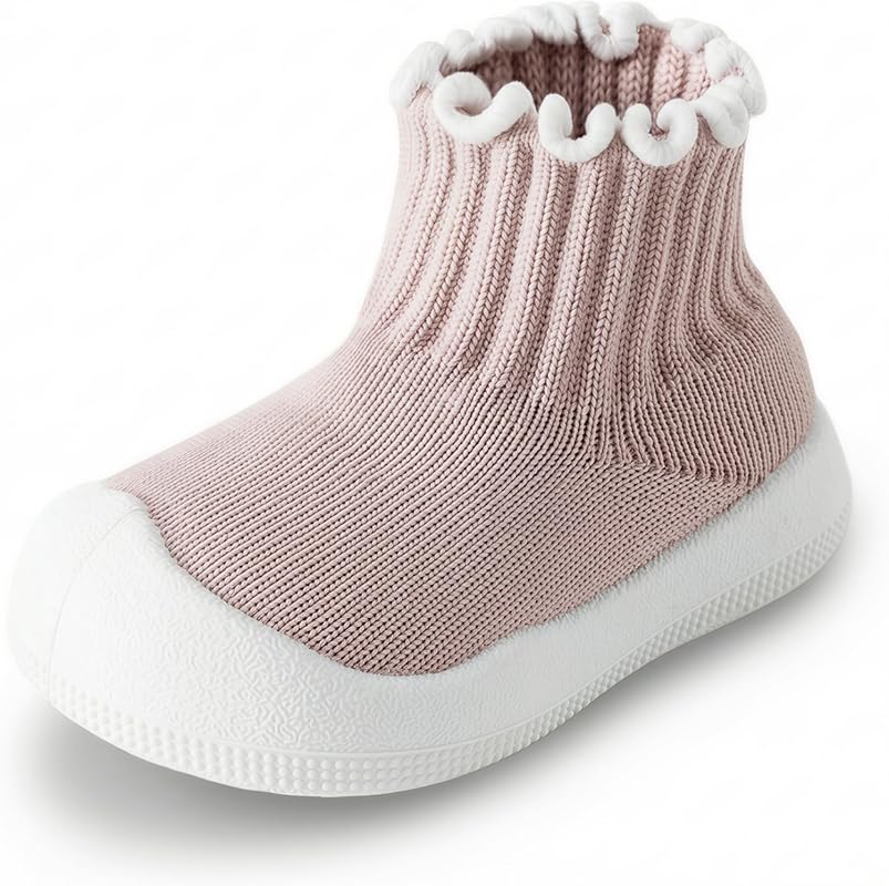 Baby Girl Sock Shoes with Ruffle Design, Soft Rubber Sole, Breathable 