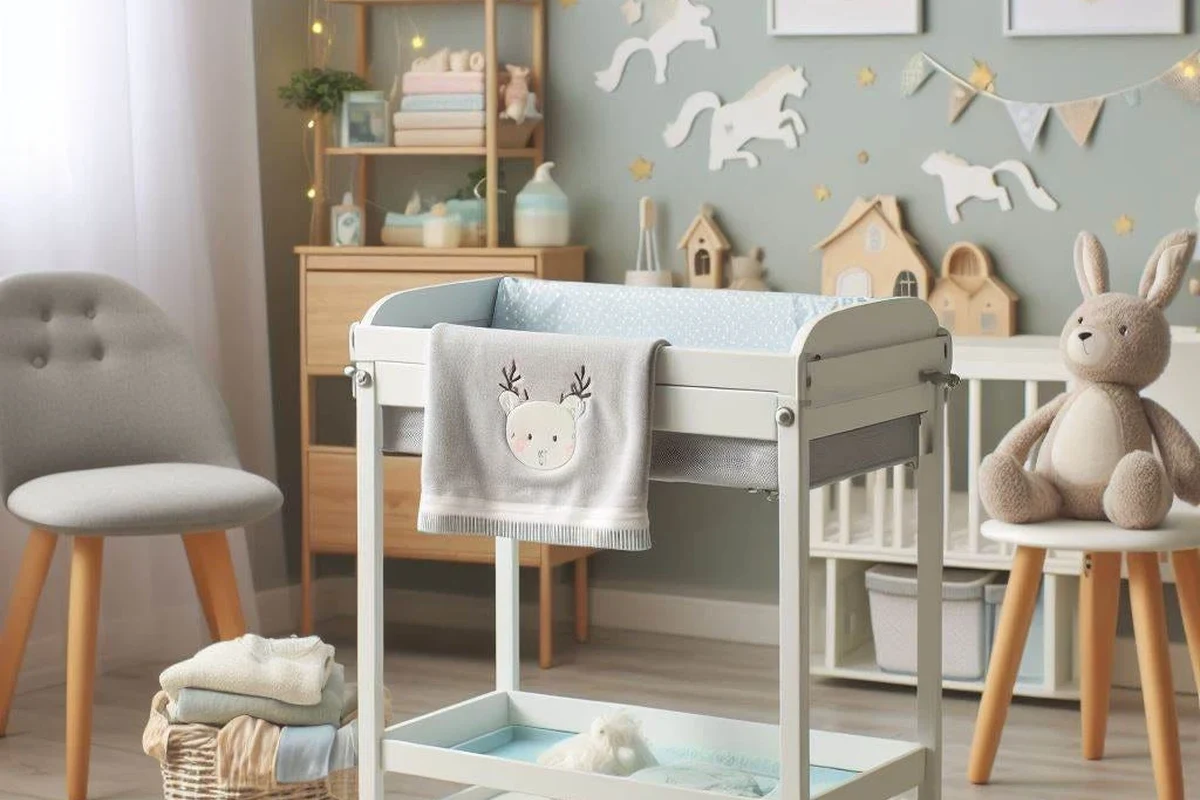 Parent changing a newborn diaper on a clean changing table with wipes and diaper supplies